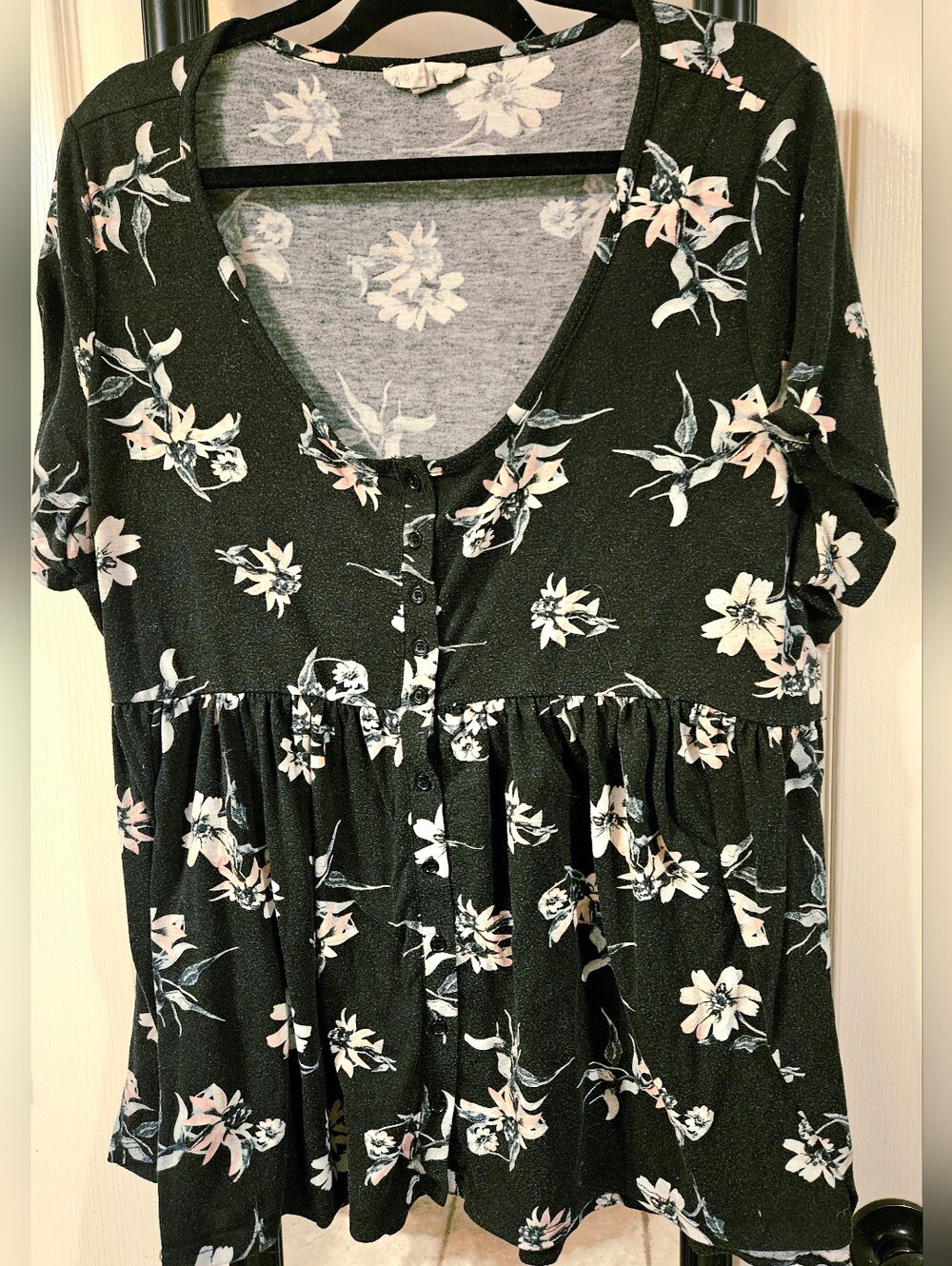 Women’s Black Floral Peplum Button-Front Top